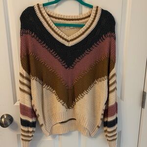 Cozy V-Neck Striped Knit Sweater in Cream, Pink & Olive
